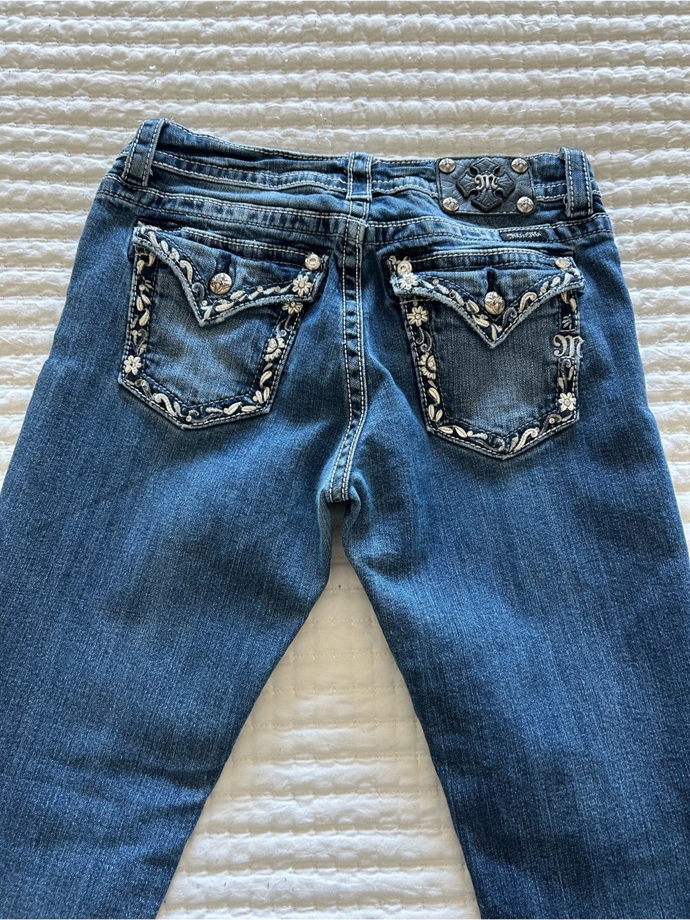 Miss Me Blue Embroidered Rhinestone Boyfriend Capri
